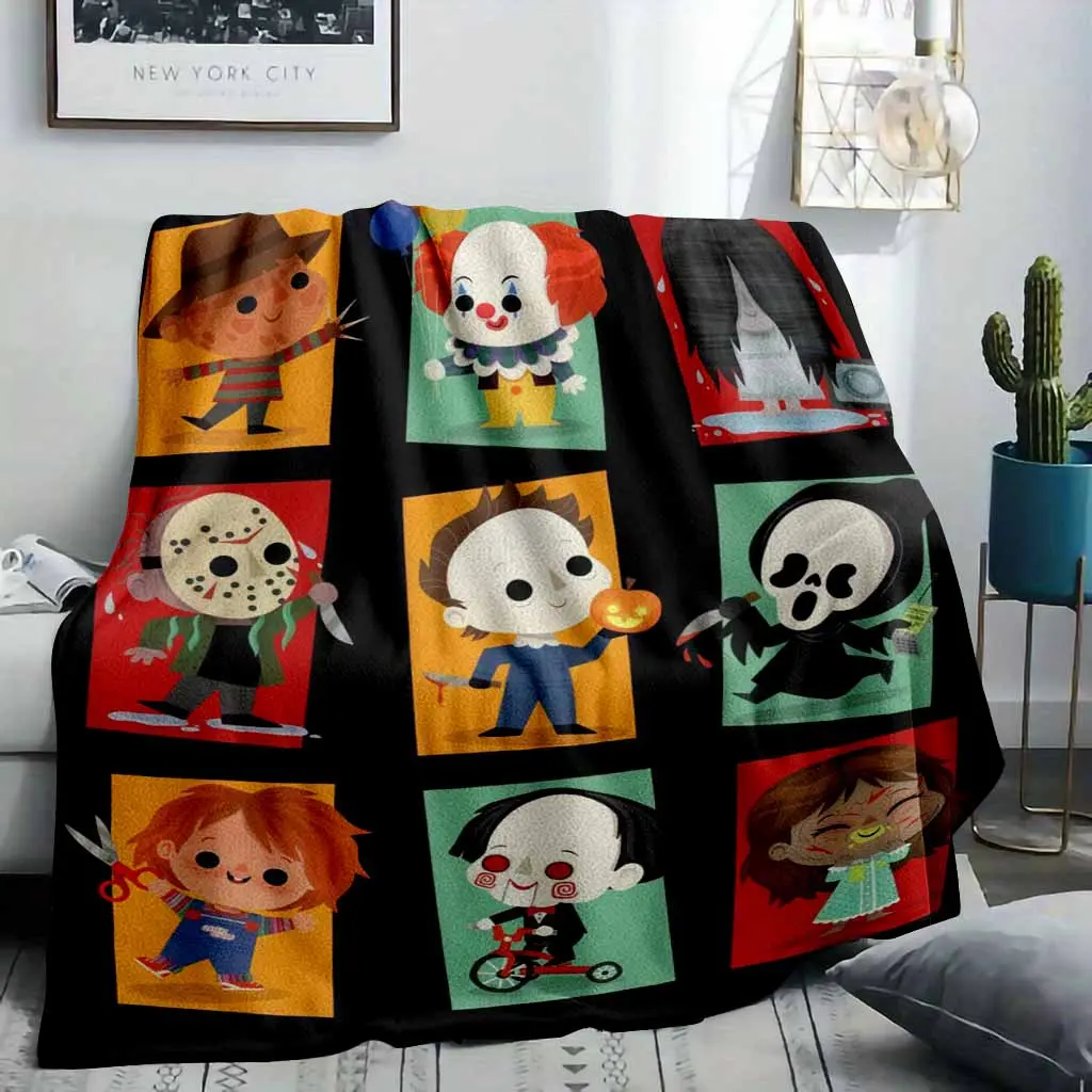 Cute Horror Characters Flannel Throw Blanket, Halloween Theme Cartoon Creepy Print, Soft Warm Durable Wrinkle Resistant Anti-Pilling, Ideal for Indoor-Outdoor Home Sofa Bedroom Use, Perfect for Movie Night Gift