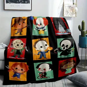 Cute Horror Characters Flannel Blanket Cartoon Creepy Print Pattern Soft Warm Durable Cozy Throw Perfect for Halloween Decor Home Sofa Bedroom Relax Party Gift Movie Night Use