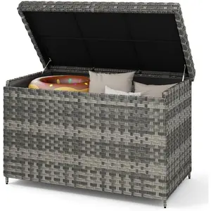 230 Gallon Outdoor Storage Box, Weatherproof Wicker Deck Box, XXL Outside Storage Container for Patio Furniture, Cushions, Pool Storage and Garden Tools (Grey)