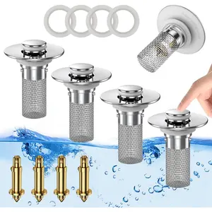Bathroom Sink Stopper Hair Catcher, Pop-up Sink Drain Strainer with Removable Stainless Steel Strainer Basket Hair Catcher, Bathroom Sink Strainer for Stopper Replacement. (4PCS)