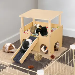 Guinea Pig Hideout Hamster Double House, Small Pet Hideaway with Slide Platform & Multiple Entrances, Sturdy Wooden Cage Accessory for Guinea Pigs & Large Hamsters