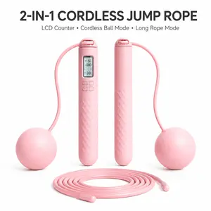 2-in-1 Smart Cordless Jump Rope with LCD Counter, Weighted Balls & Long Rope, Indoor Cardio Skipping Rope for Home Workout, Pink，Black