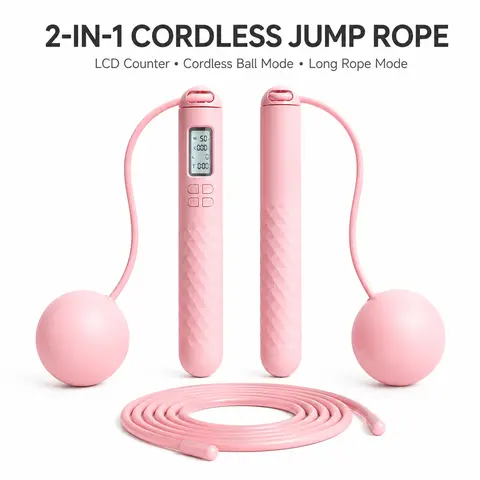 2-in-1 Smart Cordless Weighted Jump Rope with LCD Counter, Weighted Balls & Long Strand - Cordless Training Rope, Exercise Equipment, Home Workout Gear for Body Fitness (Pink, Black)