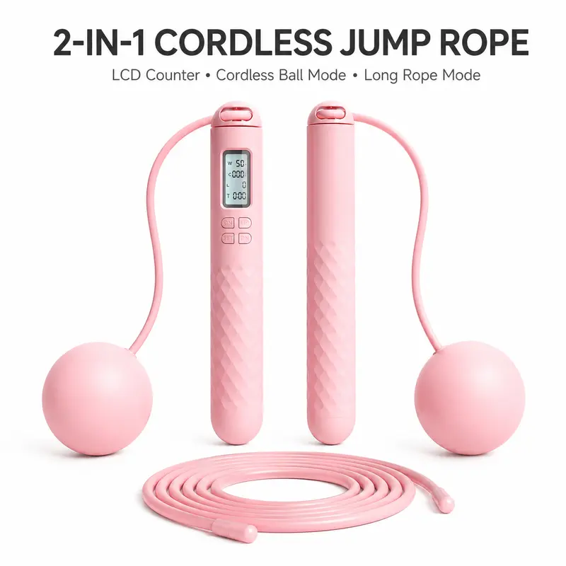 2-in-1 Smart Cordless Weighted Jump Rope with LCD Counter, Weighted Balls & Long Strand - Cordless Training Rope, Exercise Equipment, Home Workout Gear for Body Fitness (Pink, Black)