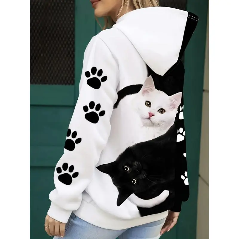 Casual Cozy Cat Print Polyester Blend Hoodie - Women's Long Sleeve Pullover with Kangaroo Pocket, Machine Washable Casual Cozy Cat Print Polyester Blend Hoodie - Women's Long Sleeve Pullover with Kangaroo Pocket, Machine Washable