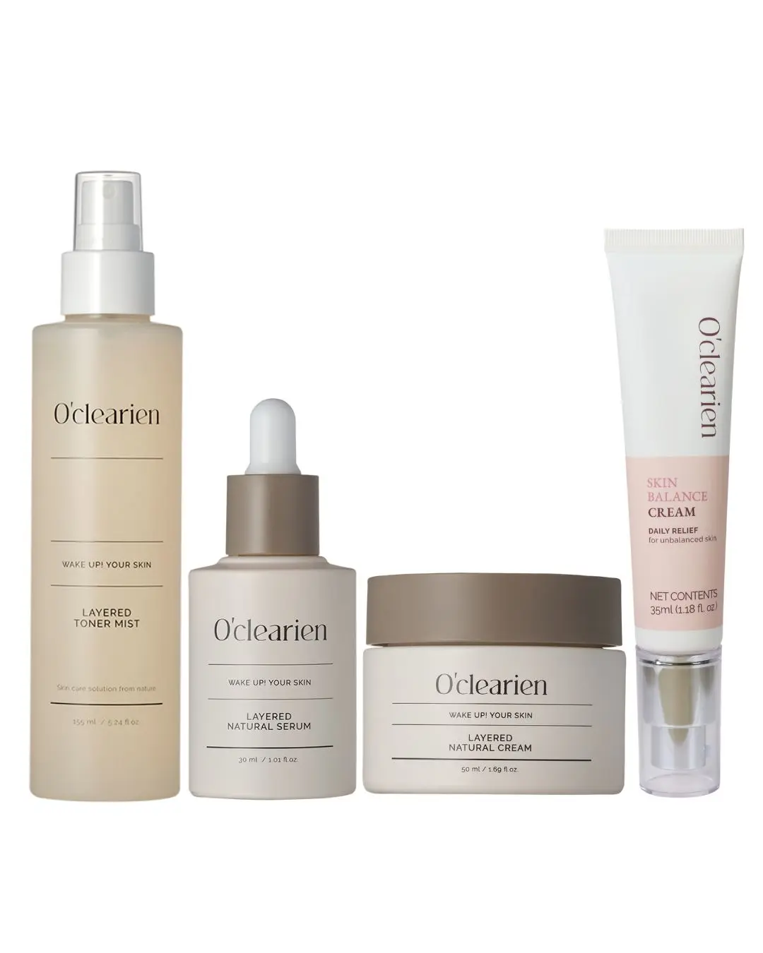 [OCLEARIEN] Layered Toner Mist + Layered Natural Serum + Layered Natural Cream + Skin Balance Cream 4 Step Hydration & Barrier Care Set