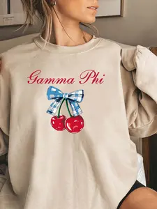 Plaid Bow Cherry Gamma Wrap Sweater, Geometric Fruit Letter Print Fleece Round Neck Pullover, Fall & Winter Sporty Loose-Fitting