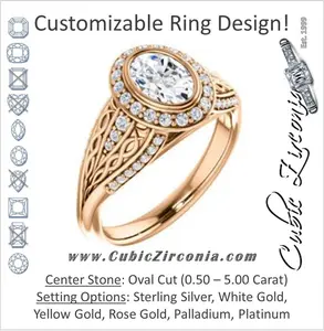 CZ Wedding Set, featuring The Tisha engagement ring (Customizable Bezel-Halo Oval Cut Design with Wide Filigree & Accent Band)