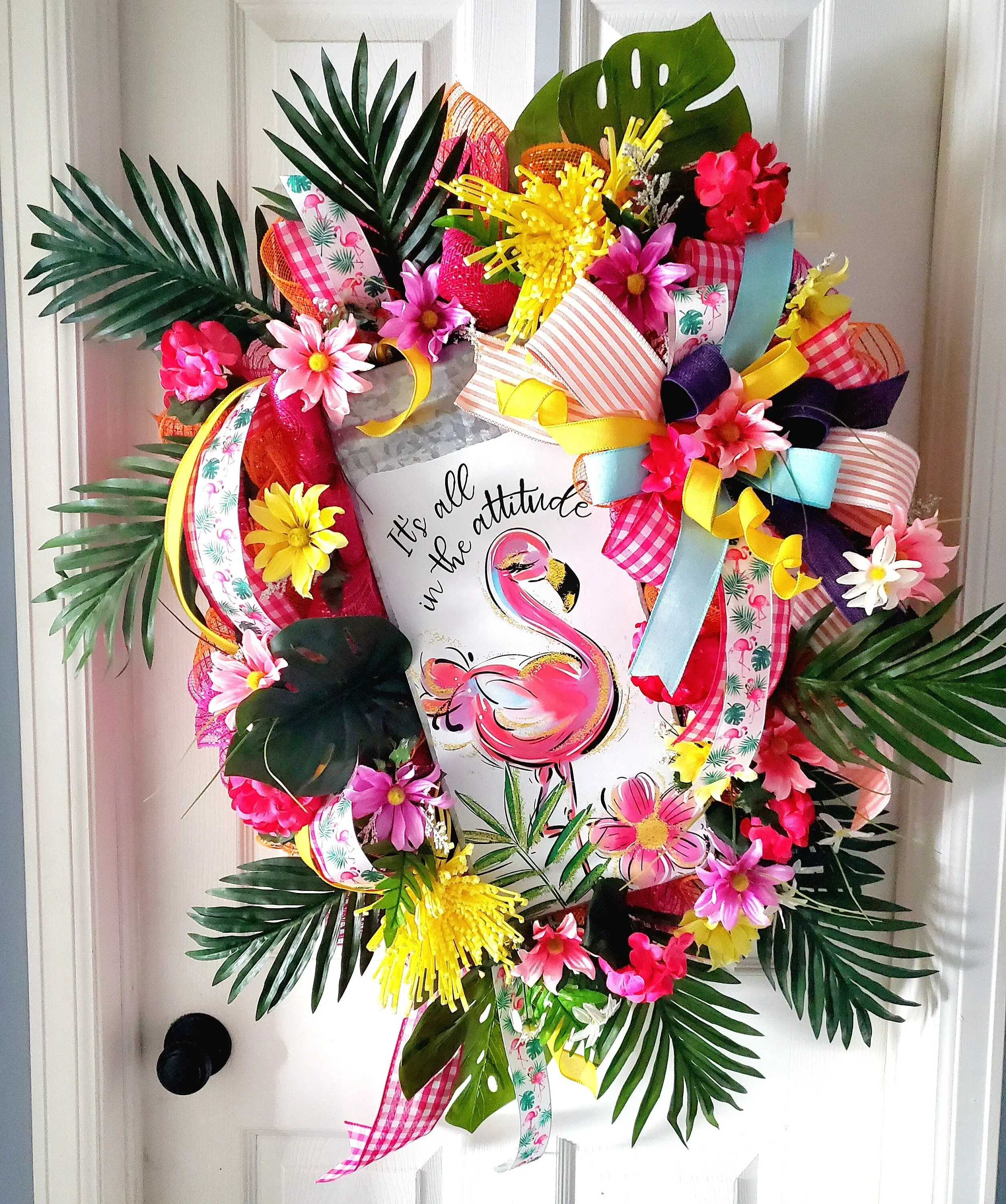 Summer Wreath - Flamingo Pool Attitude Tropical Decor with Palm Monstera Leaves & Hot Pink Geraniums 40x30 Inches for Beach Parties & Florida Homes