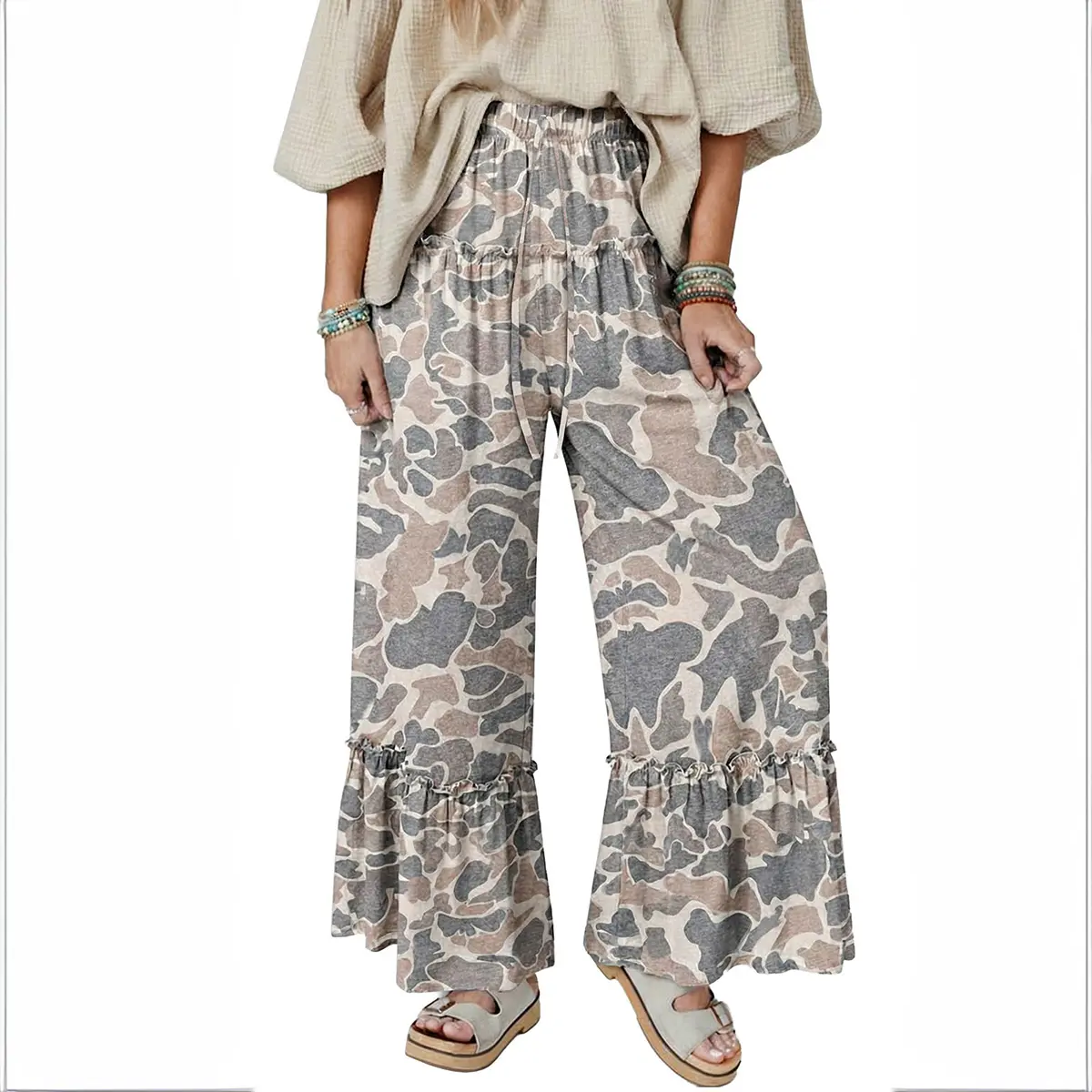 Mntaor Women's Multicolour Camo Wide Leg Pants - Ruffled Hem, Drawstring Waist, Flowy Flattering Fit for Music Festivals, Beach Vacations and everyday wear