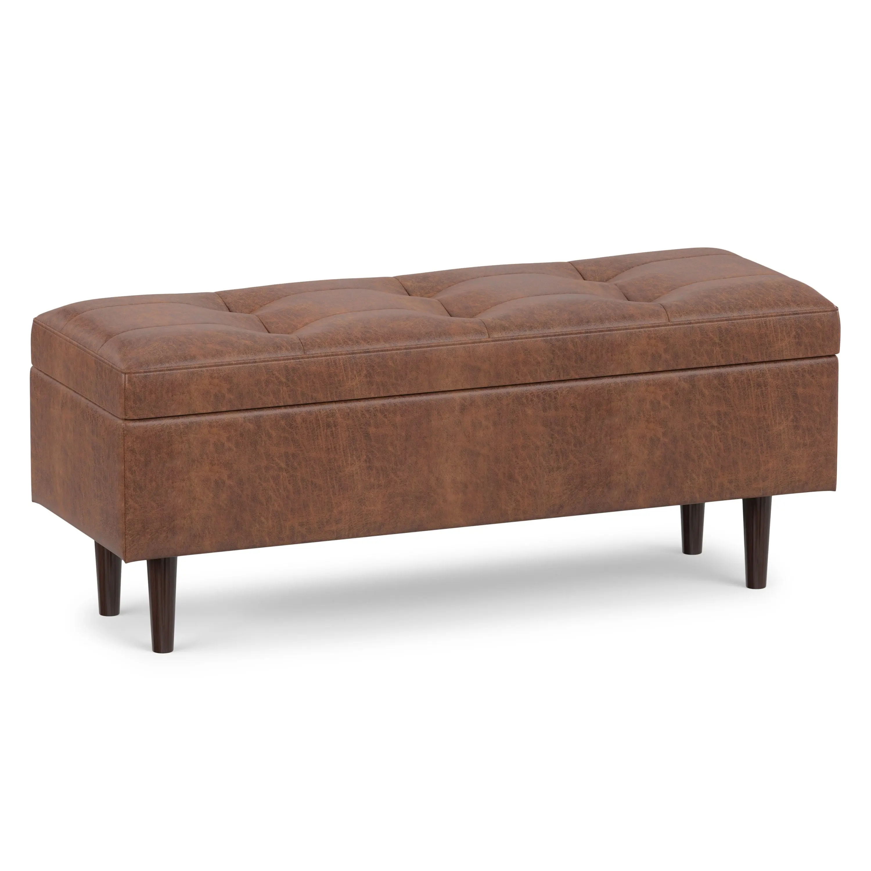Shay Mid-Century Modern Rectangular Vegan Leather Storage Ottoman - Distressed Saddle Brown, 47.6"w x 17.7"d x 18.5"h Tufted Top, Soft Rustic Indoor Footrest Table, Living Room Furniture with Upholstery, Multifunctional Hidden Storage, Assembly Required