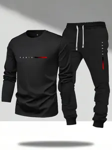 Men's Spring/Autumn Lightweight Letter Paris Print Long Sleeve T-Shirt Joggers Set - Fashionable Casual Vacation/Fishing/Camping Sports Outdoor Top with Pocket & Elastic Waist Drawstring Sweatpants, Two-Piece Gift for Boyfriend or Husband Clothes Menswear