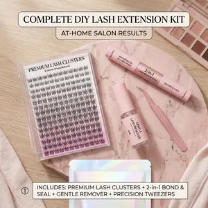 DIY Lash Extension Kit - Wispy Individual Lash Clusters with 2-in-1 Bond & Seal, Gentle Remover & Precision Tweezers |   At-Home Salon-Quality Lash Extension Set, Waterproof & Long-Lasting for Beginners