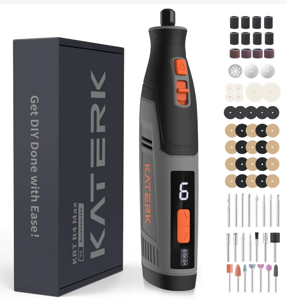 Katerk Cordless Rotary Tool Kit with 70 Accessories, 4000mAh Batteries, 6-Speed 28000RPM, Light Duty Engraving Pen for Sanding, Polishing, Wood Carving