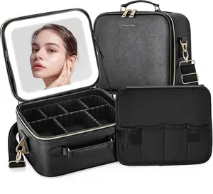 Travel Makeup Bag with LED Lighted Make up Case with  Magnification Mirror Cosmetic Makeup Box Organizer