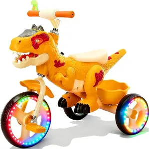 Sturdy Dinosaur 3-Wheel Push Power Ride-Ons & Accessories for Toddlers 3-7, Kids Trike with Sturdy Frame Design, Music, LED Lights, Big Wheel, Storage Basket, Handle, Horn