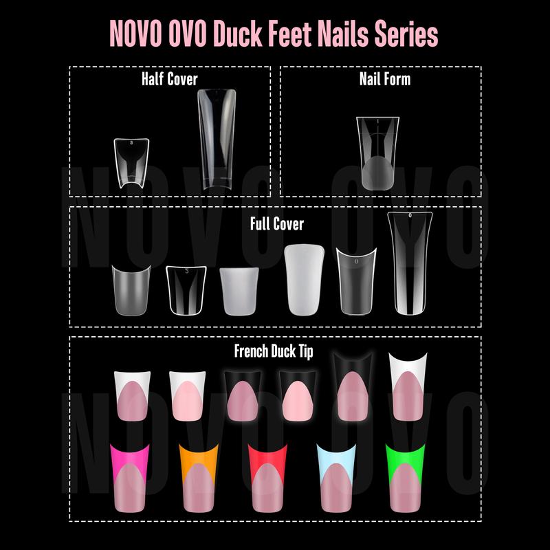 NOVO OVO Duck Nail White French Tips Press On ROSE PINK with Glitter, Full Cover Acrylic with Moon Curve, Medium Thick Pre-Etched Flare Wide Soft Gel False Nail Extension x 15 Sizes 150 pcs【NO GLUE ,TOP COATAND LAMP INCLUDED】