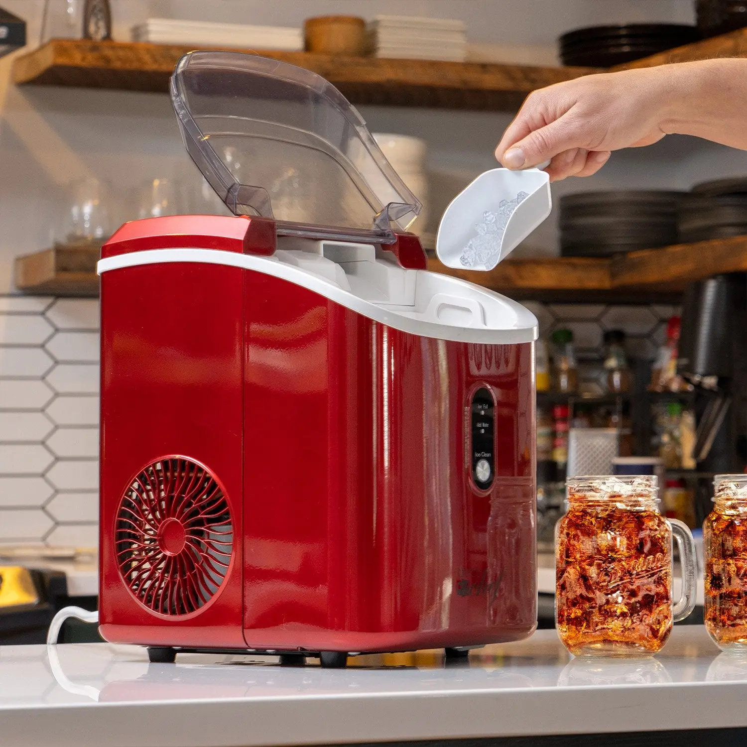 Deco Chef 33LB Nugget Ice Machine, Portable Kitchen Gadgets with 1-Press Auto Operation, Self-Cleaning, Lid, Ice Scoop, Red Stainless Steel, Auto Make Ice