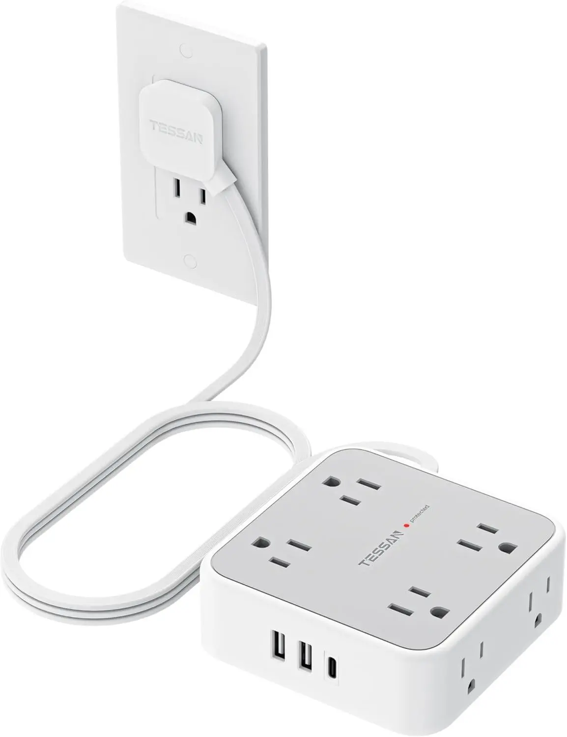 TESSAN Surge Protector Power Strip with 900J Surge Protection, 5 Ft, Grey | 8 AC with 3 USB Ports (1 USB C), Flat Plug Extension Cord, 3 Sided Outlet Extender with Power Switch for Office, Dorm