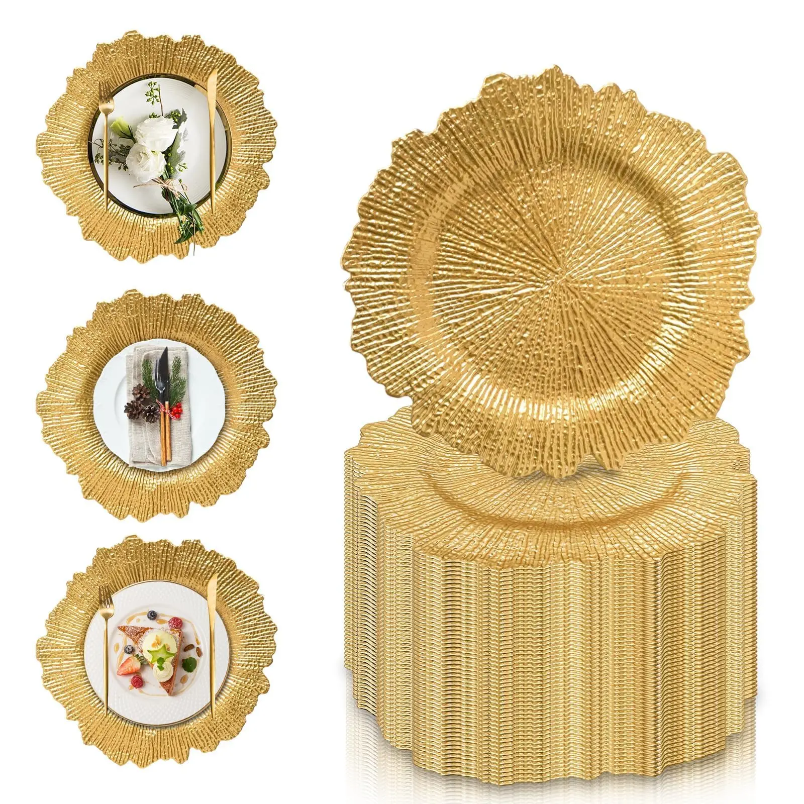6/12/50/100 Pcs Gold Charger Plates Bulk, 13" Gold Reef Charger Plates for Wedding, Thanksgiving, Christmas, Plastic Chargers for Dinner Plates