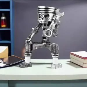 Mechanical Skull Sculpture Statue with Piston & Gears - Handcrafted Resin Art on Retro Wrench Base | Gothic Steampunk Decor for Car Lovers, Halloween, & Christmas Collectibles