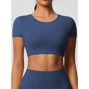 Women's Solid Color Crew Neck Crop Sports Tee, High Stretch Casual Comfortable Breathable Quick Drying Round Neck Short Sleeve Cropped T-shirt for Yoga Gym Workout Running, Ladies Sportswear for All Seasons