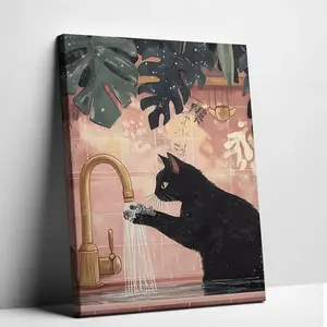 Frame-Style Pink "Wash Your Little Paws" Bathroom Poster, Black Cat Decor with Monstera Leaves & Gold Faucet, Artistic Animal Wall Art for Home Decoration