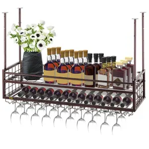 VEVOR Ceiling Wine Glass Rack, 46.9x 13 inch Hanging Wine Glass Rack, 18.9-35.8 inch Height Adjustable Hanging Wine Rack Cabinet, Black Wall-Mounted Wine Glass Rack Perfect for Bar Cafe Kitchen