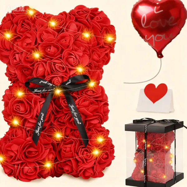 Illuminated Floral Teddy Bear with Lights, Romantic Birthday Gift for Women, Cute Flower Arrangement with Transparent Box and Love Card, Reusable Rose Plush Toy, Valentine's Present for Girlfriend Wife