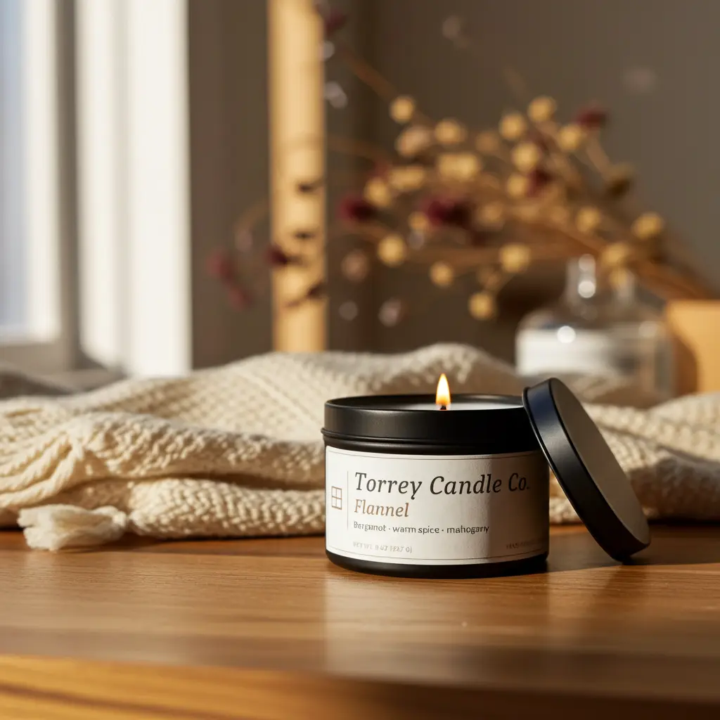 Hand-Poured Soy Candle — Flannel | Bergamot, Warm Spice + Mahogany, Hemp Wick, Cozy Non-Toxic 8 oz | Torrey Candle Co.