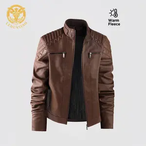 LEDUNTINO Men's Brown Zipper-Style Casual Outdoor Thick Wool Jacket with Warm Fleece Lining Windproof Solid Color Coat for Motorcycle Enthusiasts