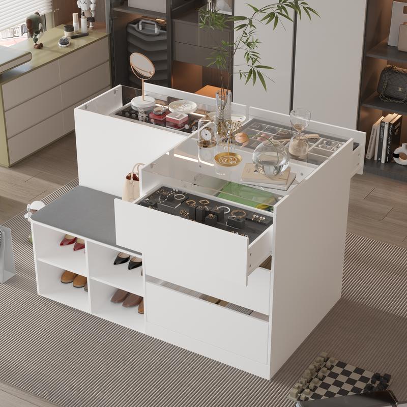 FUFU&GAGA Bedroom Island Wardrobe Closet Island with Glass Tabletop, 47.2”(W) x 23.6”(H) - Minimalist Design for Storage & Display