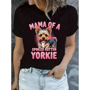 Casual T-Shirt - "Mama of a Spoiled Rotten Yorkie" | Black with Pink Lettering and Yorkie Design, Soft Stretch Fabric, Round Neck, Short Sleeve, Machine Washable, Pet Lover Tee, Spring Fashion, Playful Design, Stretchy Material, Dog Lover Shirt