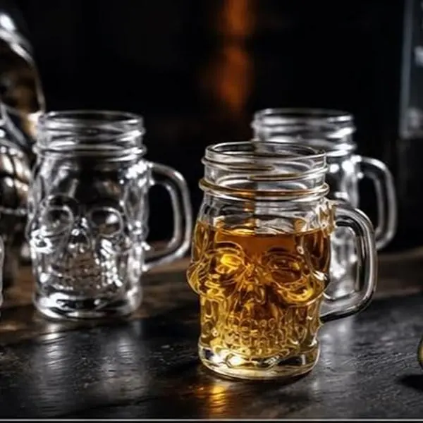 4 oz Skull Mason Jar Glasses with Handles, Set of 4 Clear Mini Drinking Jars for Shots, Parties, Halloween & Home Ba