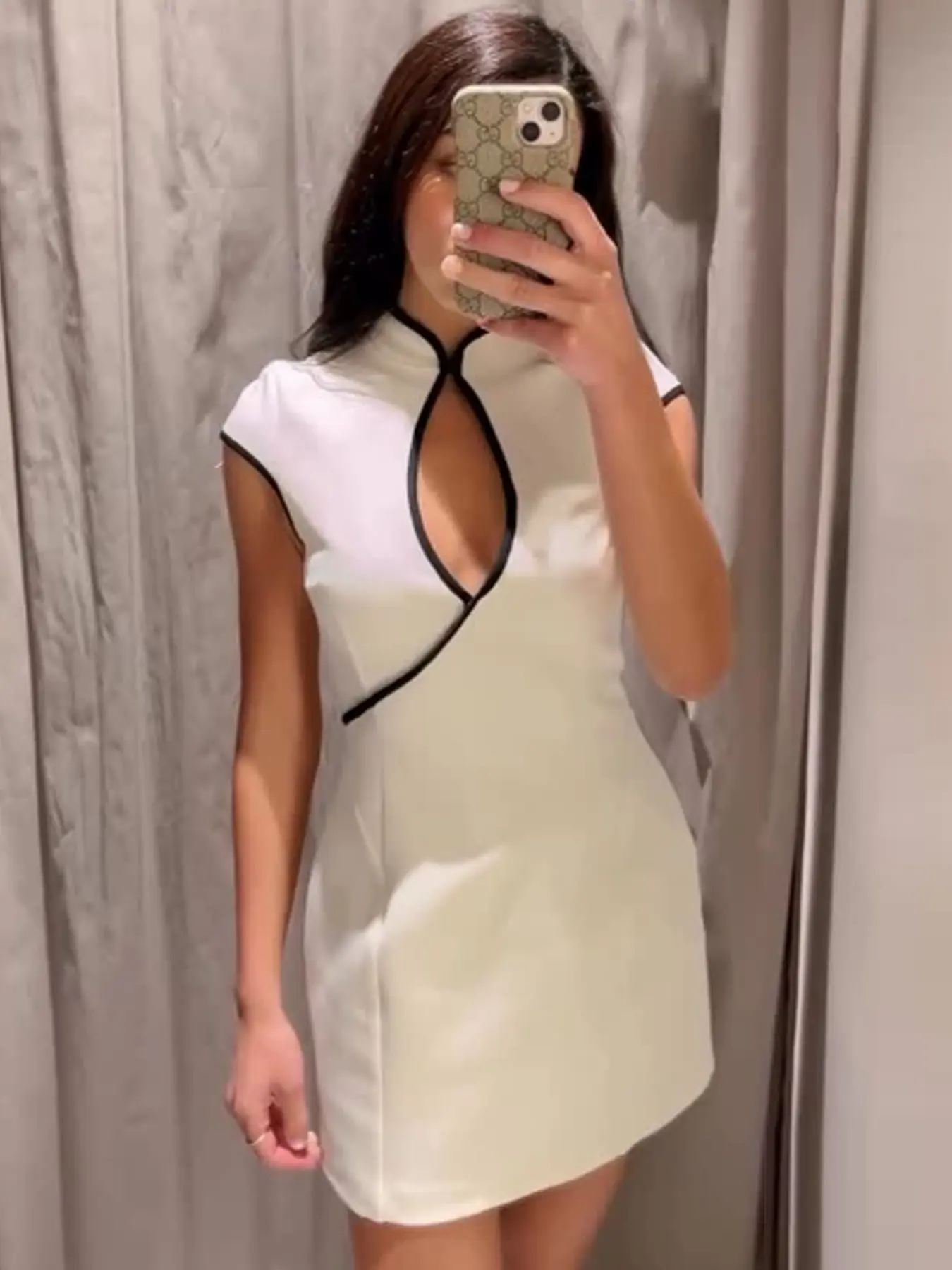 Mini Contrast Dress Women's Dress Summer Elegant Party Prom Dresses Casual Beige Keyhole Cutout Sleeveless Short Dress Quiet Luxury Modern Cheongsam Vestidos Chinese Style Dresses