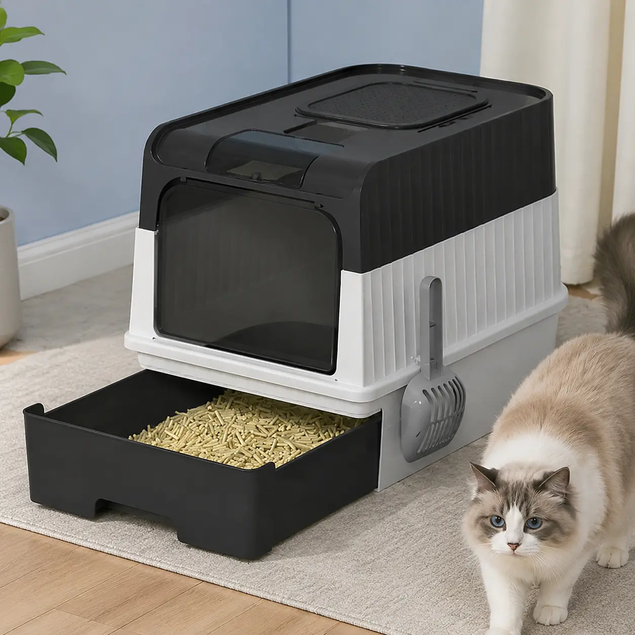 Black and white vertical stripe drawer-style fully enclosed cat litter box with top window and dual front entrances, anti-spill litter mat, large cat toilet, side hanging litter scoop holder, household litter bowl for long-haired cats.
