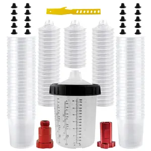 RRJ One-time Paint Cup Set, suitable for HVLP/LVLP spray guns. Available in capacities of (800/600/200 milliliters selectable). Includes: 50 cups + lids, 1 hard cup with scale and ring, adapter, paint stirrer, high-capacity mode adjustment device. Sprayer