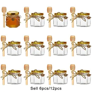 6/12 Pack Hexagon Mini Glass Honey Jars, 1.5oz/45ML Honey Jars with Dipper and Bee Pendants,Perfect for Baby Shower, Housewarming, Birthday, Thanksgiving