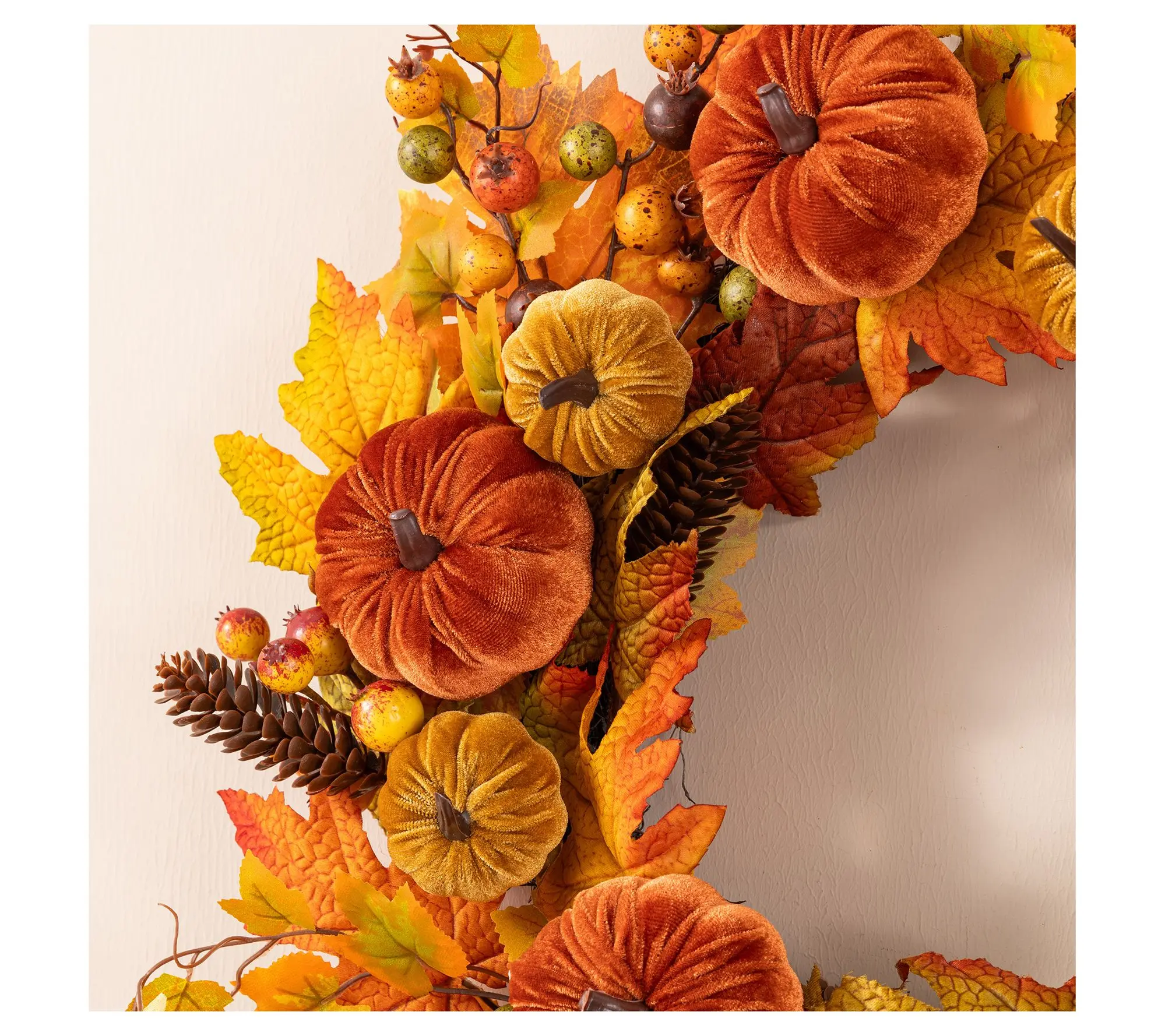Glitzhome 24"D Fall Velvet Pumpkin Pinecone & Berry Wreath