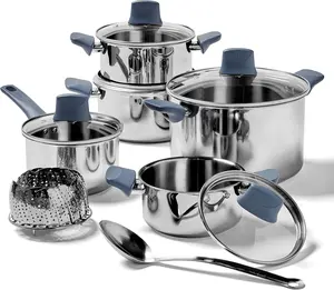T-fal Essentials Stainless Steel Cookware Set 12 Piece, Induction Compatible, Oven Safe 350F, Cooking Set w/Stewpots, Stockpot, Saucepan, Lids & Tools, Measuring Marks, Dishwasher Safe, Silver/Blue