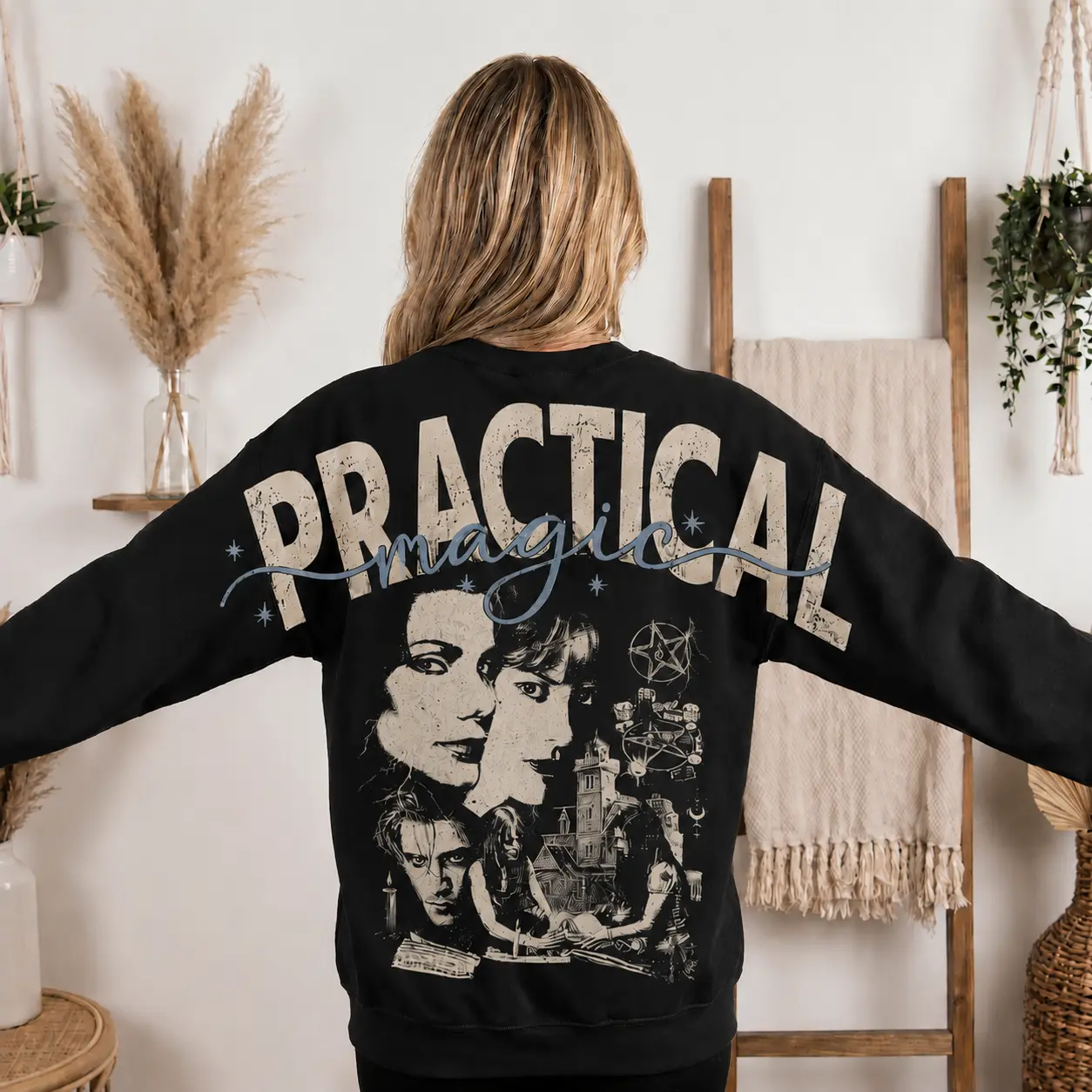 Practical Magic 90s Cult Classic Movie Graphic Sweatshirt - Unique Sleeve-to-Sleeve Text Print - Vintage Witchy Gothic Aesthetic Black Crewneck Pullover Featuring The Owens Sisters.