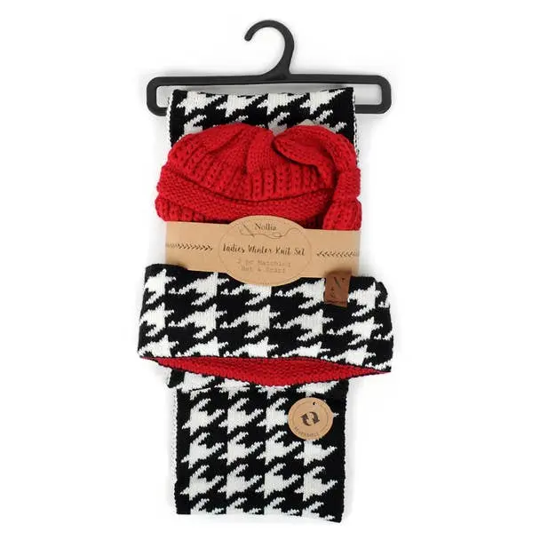 Women's 2pc Reversible Houndstooth Hat & Infinity Scarf Set