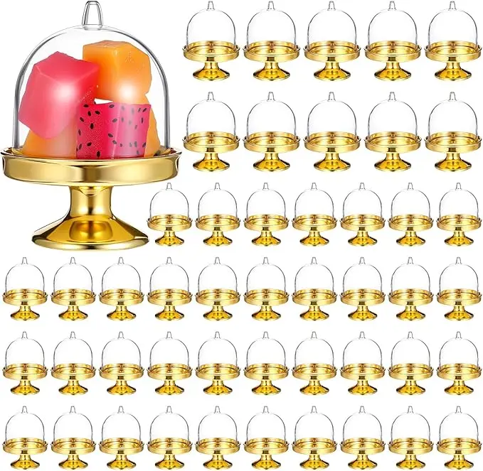 24-Pack Lightweight Transparent Mini Cake Stand & Dome Set, Gold Base Display for Cupcakes, Donuts, Desserts, Candy - Ideal for Weddings, Birthdays (Kitchenware Bakeware Baking Utensils Decor)
