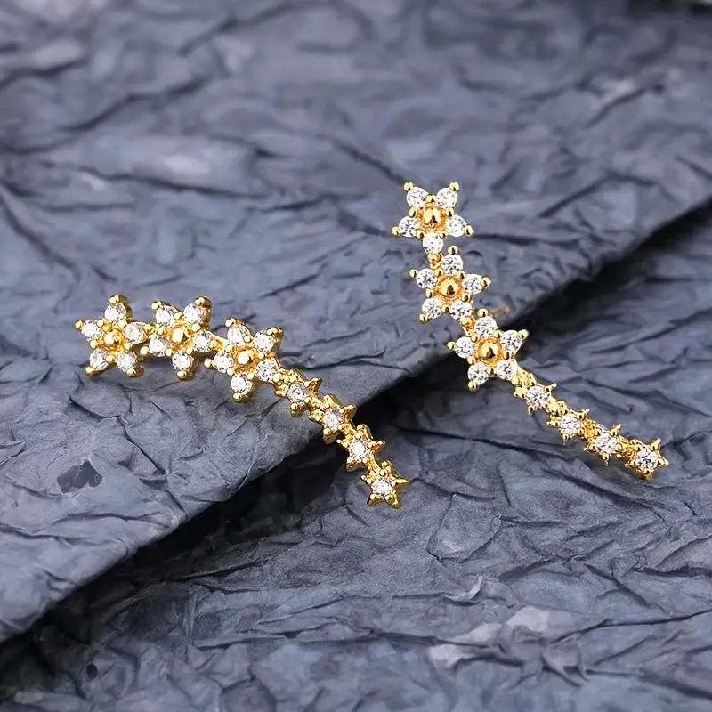 Women's Elegant Stainless Steel Ear Climber Earrings - Sequin Floral Design, Bezel-Set Colored Rhinestones, Gold-Toned, Hypoallergenic for Sensitive Skin, Tarnish-Free, Dainty, Romance Gifts for Girls, Valentine's Day Wedding Costume Jewelry, Crystals