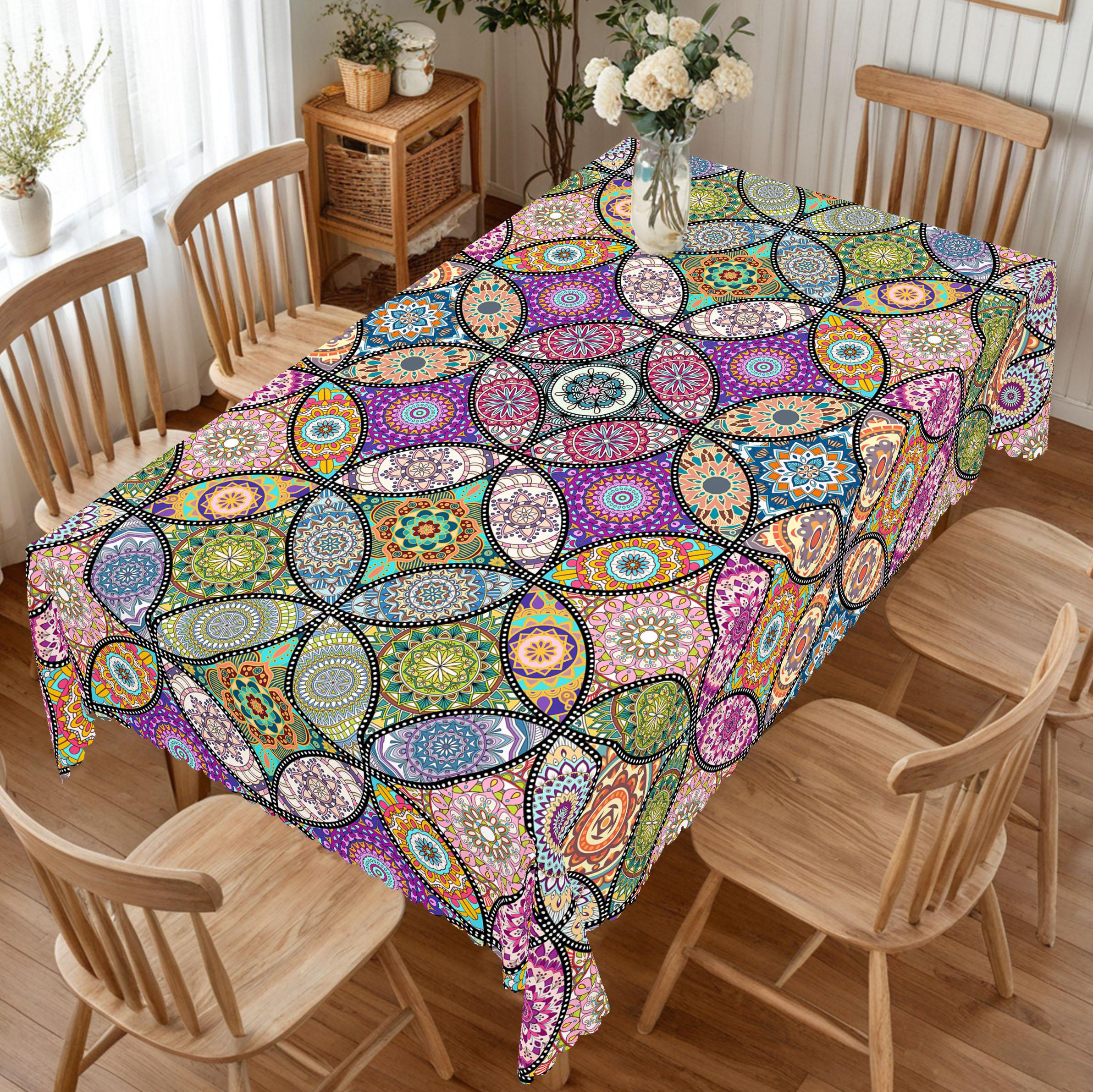 PLUMLIK Vibrant Boho Tablecloth, Colorful Retro Bohemian Round Rectangle Tablecloth, Exotic Style Decoration for Outdoor Indoor, Suitable for  Farmhouse Courtyard Thanksgiving Day Christmas Party, Daily Holiday Kitchen Restaurants, Home Dorm Accessories