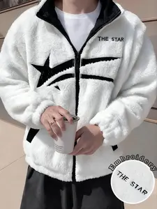 Faux Lamb Fur Stars Jacket Coats, Warm Plush Fabric, Zipper Stand Collar, Loose-Fitting, Casual Fall & Winter Wear