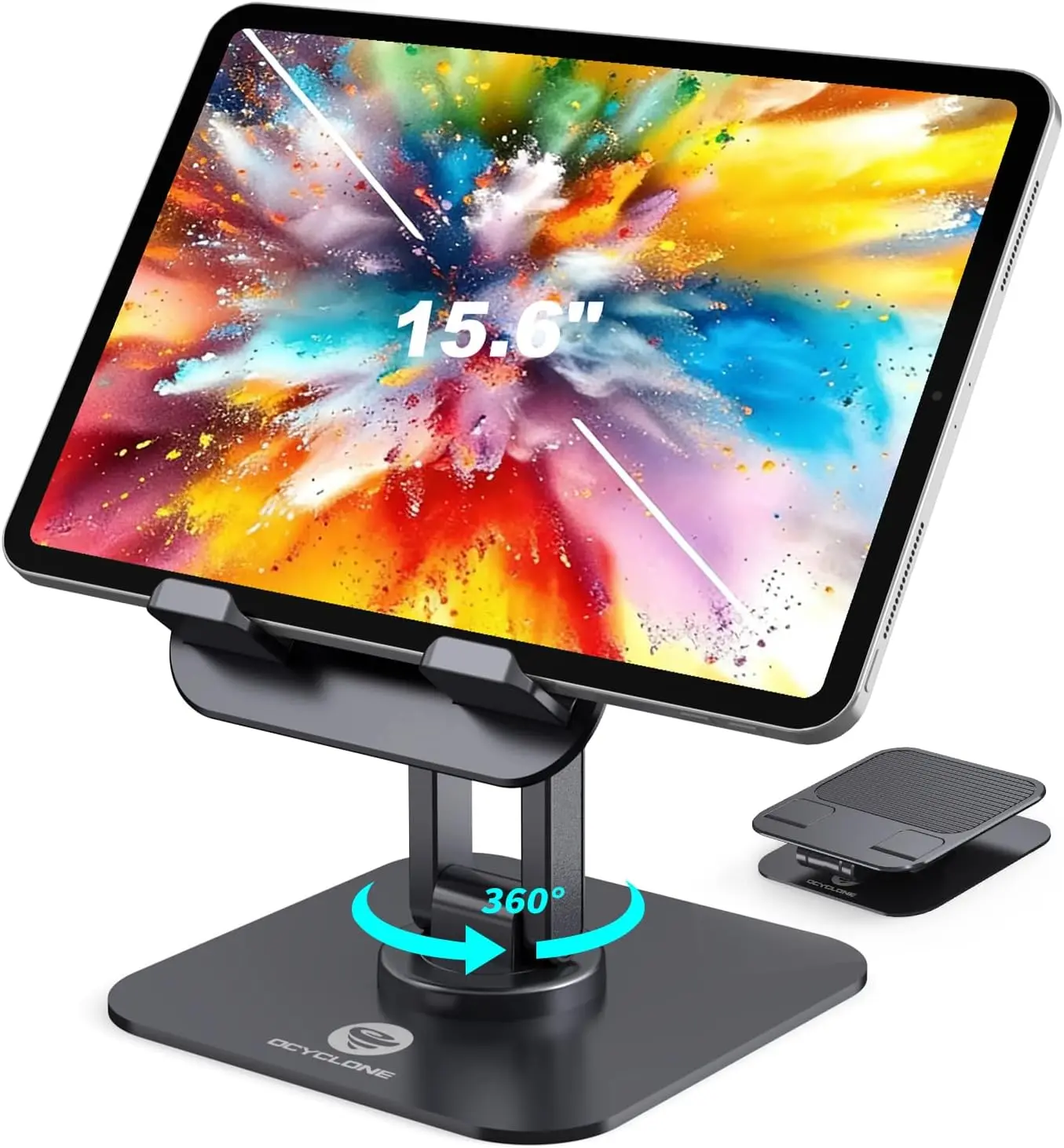 OCYCLONE iPad Stand, 360° Rotating Adjustable Foldable iPad Tablet Holder for Desk Compatible with Kindle Tablet iPad 4" - 15.6" Portable Monitor Stand, Black