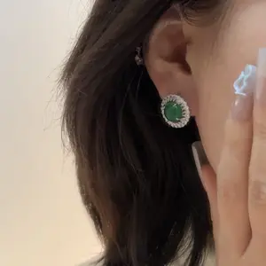 Natural Icy Chalcedony Earrings Jade-green Young Lady Drop Earrings Ice-transparent Jade Inlaid Silver Earrings Green Agate Jewelry