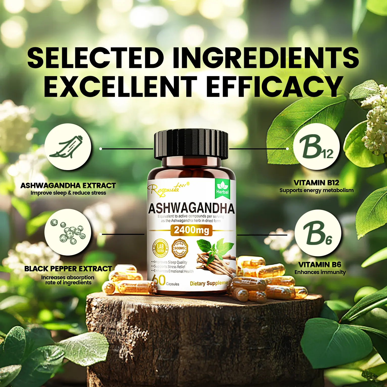 Royavita Ashwagandha Herbal Dietary Supplement - 60 Capsules, Organic Natural Formula with Vitamin B6, B12, No Preservatives for Adult Stress Relief, Mental Relaxation, Vegan Support