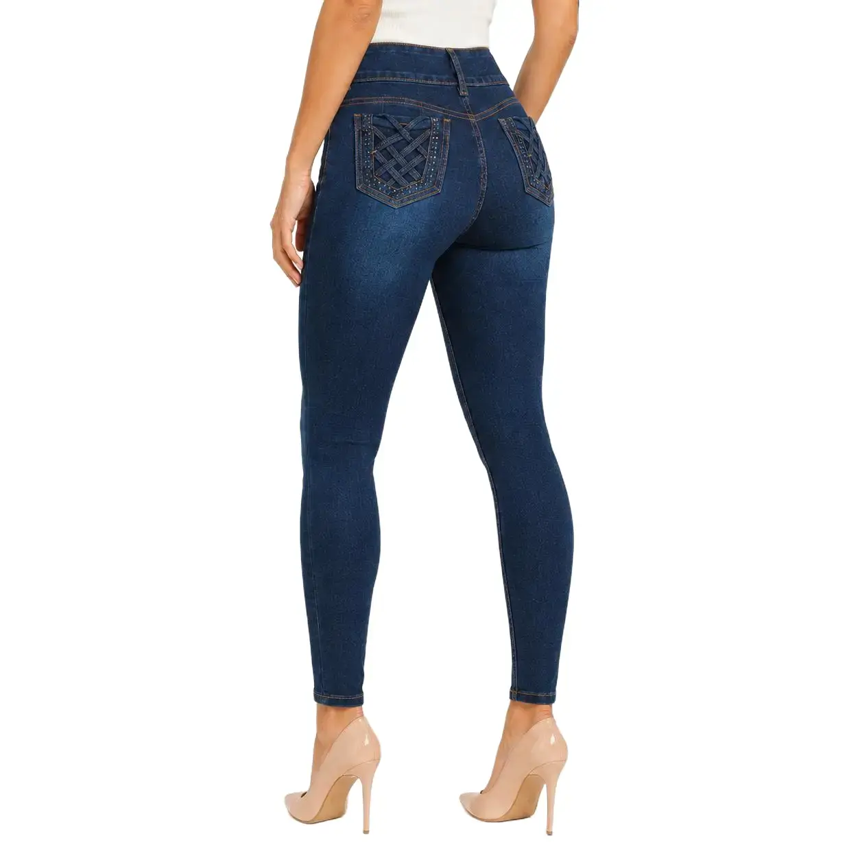 Womens High Waisted Skinny Jeans Stretchy Butt Lifting Denim Pants Woven Back Pocket Dark Blue Wash Slim Fit Jeggings Tummy Control Stretch Skinny Long Trousers Sexy Curvy Fit